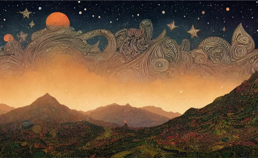 Image similar to mountains, stars and paisley filled sky, artstation, intricate, highly detailed, digital painting, concept art, sharp focus, illustration by Benjamin Lacombe and Ivan Bilibin