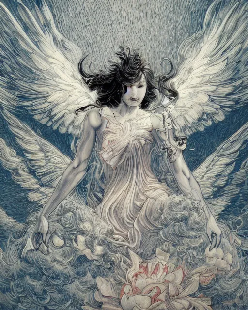 Image similar to an artwork by James Jean of an angel burning it wings. Art, highly detailed 4K