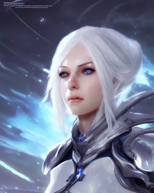 Prompt: perfect white haired girl, warframe armor, beautiful, pretty face, blue eyes, detailed, windy weather, scifi, platform, laboratory, experiment, 4 k, ultra realistic, epic lighting, high detail, masterpiece, by akihito tsukushi, charlie bowater