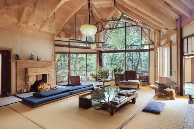 Image similar to modern Japanese living room, arched ceiling, luxurious wooden cottage, traditional, Japanese flower arrangements, high-tech devices, traditional fireplace, real estate photography