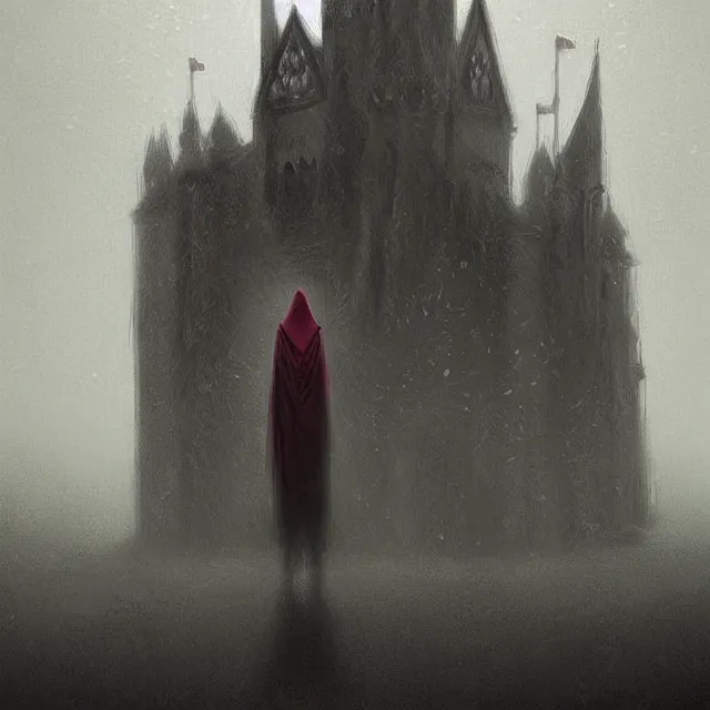 Prompt: a hooded figure entering a huge castle, raining and foggy, digital art by anato finnstark and randy vargas, featured on artstation and art of the year on deviantart, brethtaking lighting