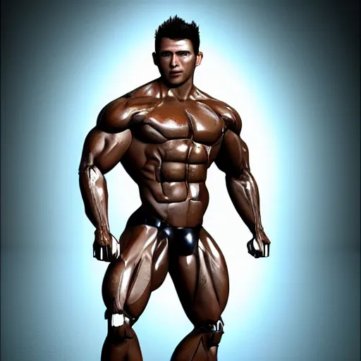 Image similar to a realistic detailed photo of a bodybuilder who is also a male android, Chris Redfield, shiny skin, posing robotically. blank stare