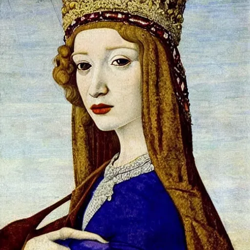Prompt: portrait of a white labrododdle dog as an italian queen, painting by botticelli, 1 4 8 0 s
