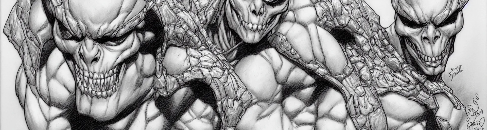 Image similar to j scott campbell!!! pencil sketch by j scott campbell close up headshot of skeletor in the style ofj scott campbell