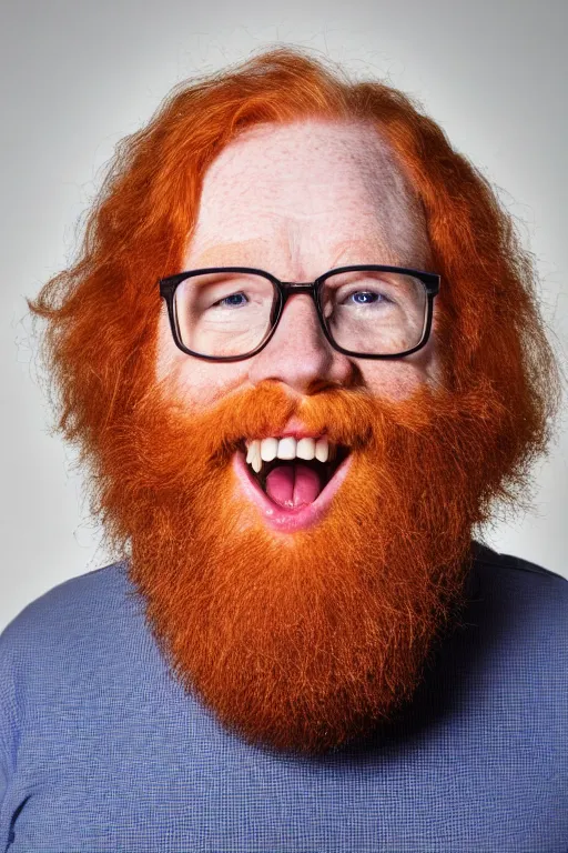 Image similar to full body photo of a 5 0 year old ginger men, full hair, large and crooked teeth and mouth, nerdy appearance, smooth, sharp, 8 5 mm, f / 1. 3