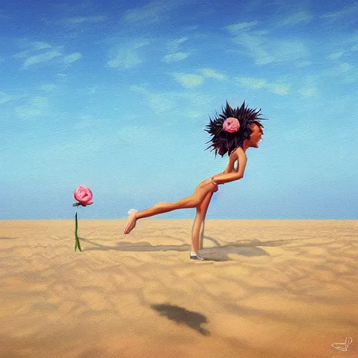 Image similar to portrait, giant rose flower head, woman running at the beach, surreal photography, sunrise, blue sky, dramatic light, impressionist painting, digital painting, artstation, simon stalenhag