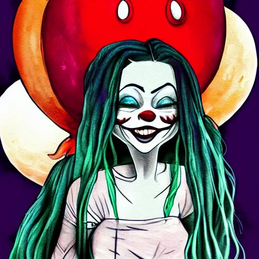 Prompt: grunge painting of a billie eilish with a wide smile and a red balloon by tim burton, loony toons style, pennywise style, corpse bride style, rick and morty style, creepy lighting, horror theme, detailed, elegant, intricate, conceptual