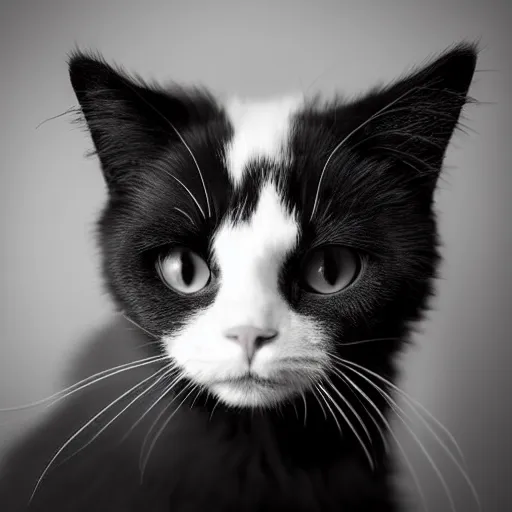 Prompt: fluffy black and white cat portrait, aesthetic highly detailed soft fur and paws, professionally shot photorealistic 8k photograph, 35mm Canon EOS R3, rendered in octane, by Natalie Große and Jason Allison