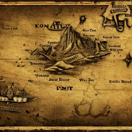 Image similar to old torn treasure map showing the exact spot of the treasure of kong island, pirates treasure map, high detail, high res, hyperrealistic,