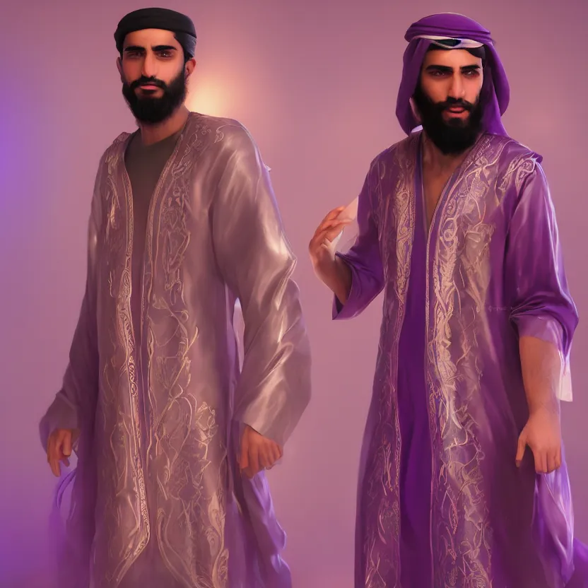 Image similar to Arabic male young adult with long beard and purple glimmering robes, hyperrealistic white lighting, treanding on artstationhq