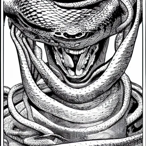 Image similar to a snake with a human face, kentaro miura art style