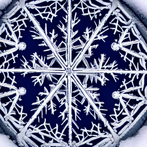 Image similar to close-up of an intricate snowflake against a navy backdrop