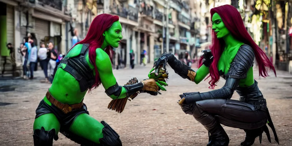 Image similar to beautiful photograph of Gamora taking mate with Scorpion in Buenos Aires. Medium shot.