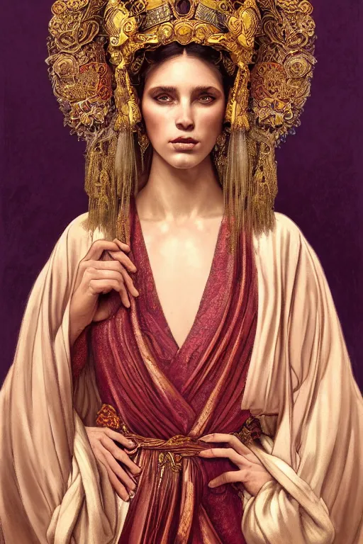 Prompt: body portrait of beautiful roman pincess wearing a flowing silk robe, wearing an ornate ancient headress, by terry o'neill intricate, elegant, highly detailed, digital painting, artstation, concept art, smooth, sharp focus, bold lighting, deep colors, dark background, illustration, art by artgerm and greg rutkowski and alphonse mucha, 8 k