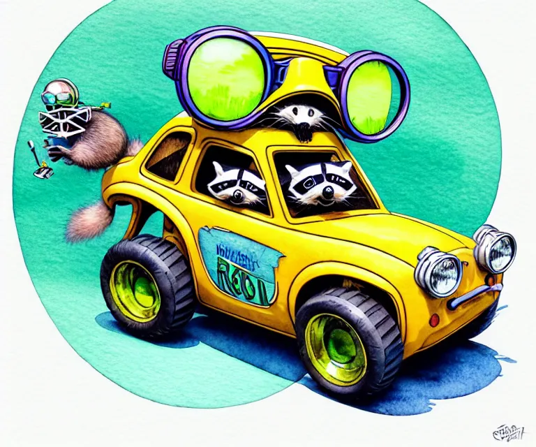 Prompt: cute and funny, racoon wearing goggles driving a tiny hot rod with an oversized engine, ratfink style by ed roth, centered award winning watercolor pen illustration, isometric illustration by chihiro iwasaki, edited by craola, tiny details by artgerm and watercolor girl, symmetrically isometrically centered