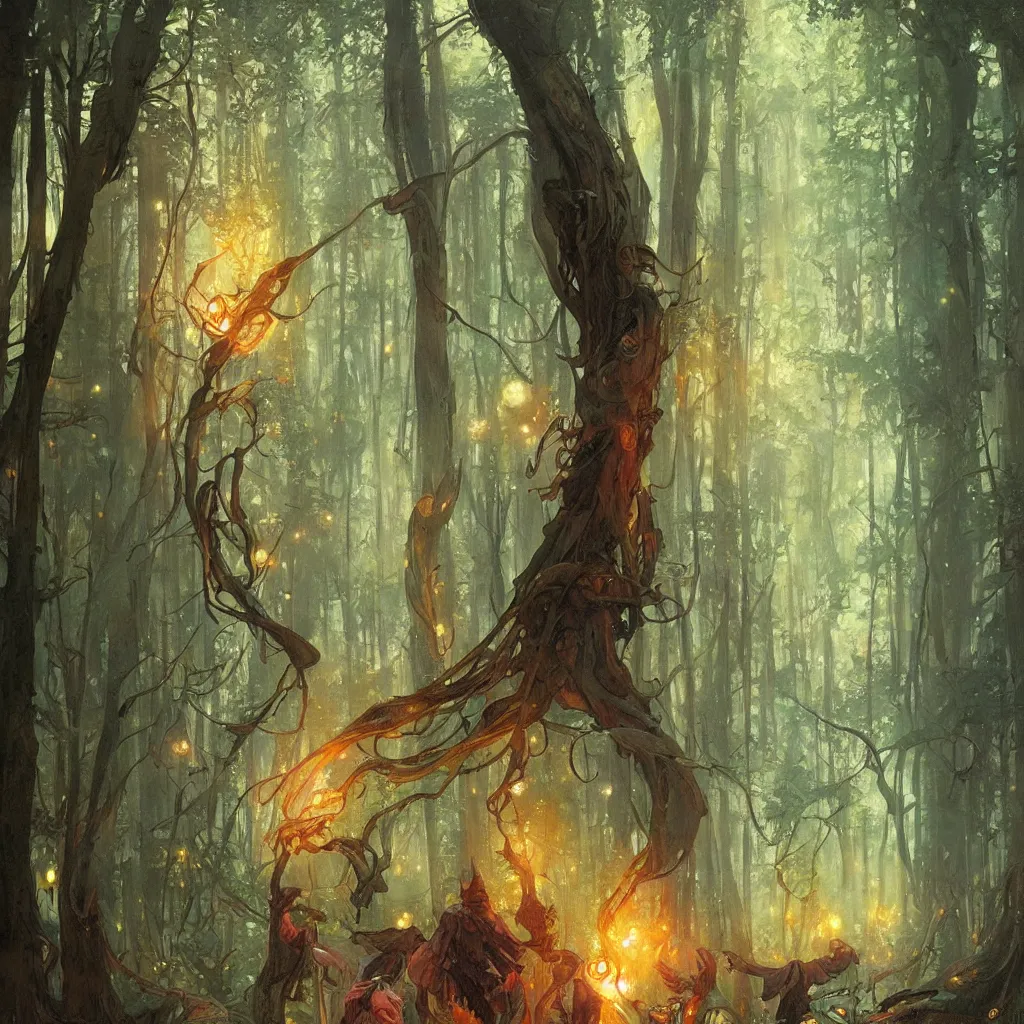 Image similar to forest, overdetailed art, by greg rutkowski, by alfons mucha, complementing colors, magic, colorful lights, fireflies, detailed illustration, wizard