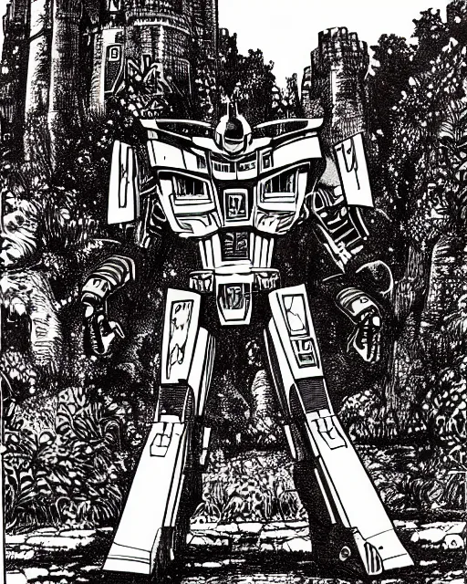 Prompt: an illustration of the autobot bumblebee,, full body, standing in a field, castle in the background, pen-and-ink illustration, etching, by Russ Nicholson, DAvid A Trampier, larry elmore, 1981, HQ scan, intricate details