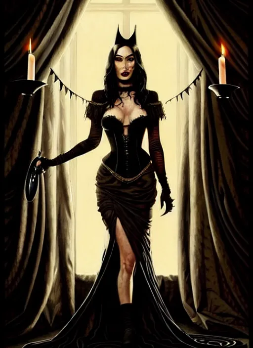 Prompt: megan fox witch queen, black eyes, blood, full body, intricate victorian dress, middle shot, cinematic lighting, studio quality, symmetrical eyes, artgerm, joshua middleton, rafael albuquerque, moody lighting, candles, art style by klimt and krenz cushart