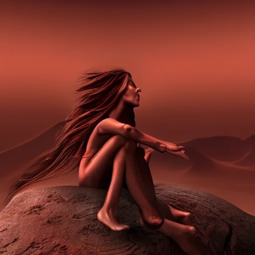 Image similar to Still of a Martian woman with gorgeous flowing hair on Mars, sitting on a Martian rock, reddish atmosphere with detailed highlights, dark gloomy sky cascading upon the atmosphere, well-detailed ornate Martian mountains in the background, trending on artstation, 4k, 8k