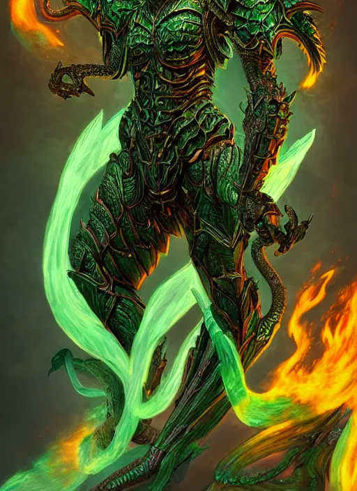 Image similar to muscular and tall green ghostly fire humanoid dragon!!!! draconian!! intricate ornate iridescent heavy armor!! character concept art, sharp focus, octane render! unreal engine 5! highly rendered!! trending on artstation!! detailed linework!! illustration by artgerm, wlop, and chie yoshii