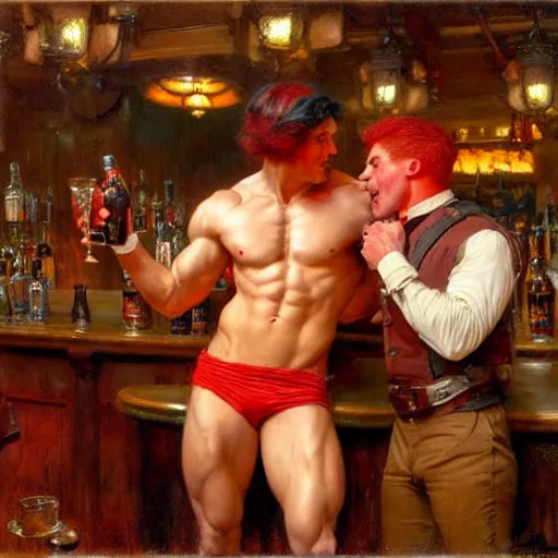 Image similar to attractive muscular mike with red hair with muscular attractive tyler with black hair, drinking their hearts out, in a pub. very defined and highly detailed painting by gaston bussiere, j. c. leyendecker, craig mullins 8 k