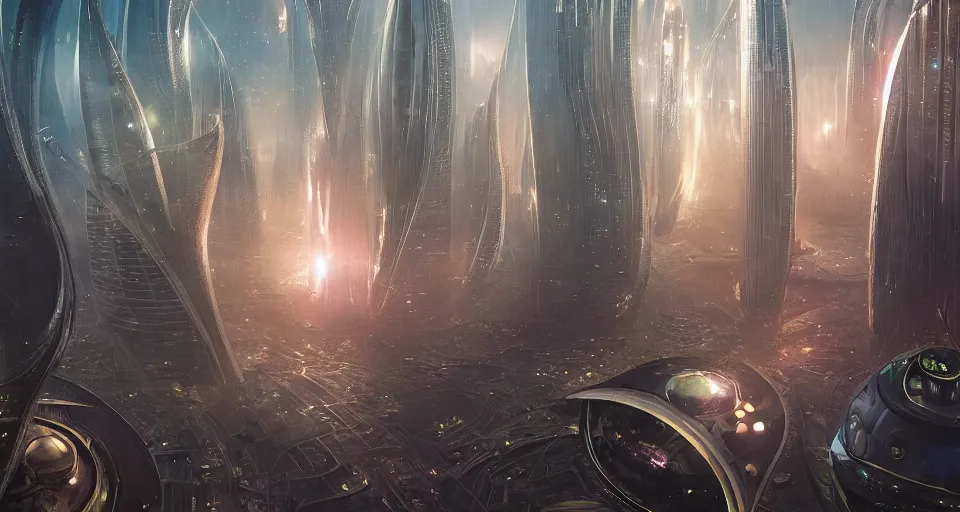 Image similar to The Futuristic Faberge Egg City by Greg Rutkowski, astronauts, magical glow, inspired by Stephan Martiniere and O'Neill Cylinder, fantasy, digital art, professional illustration, realistic, ultra detailed, atmospheric, cinematic lighting, movie concept art, hyper detailed, insanely detailed, corona render, octane render, colorful redshift render, 8k