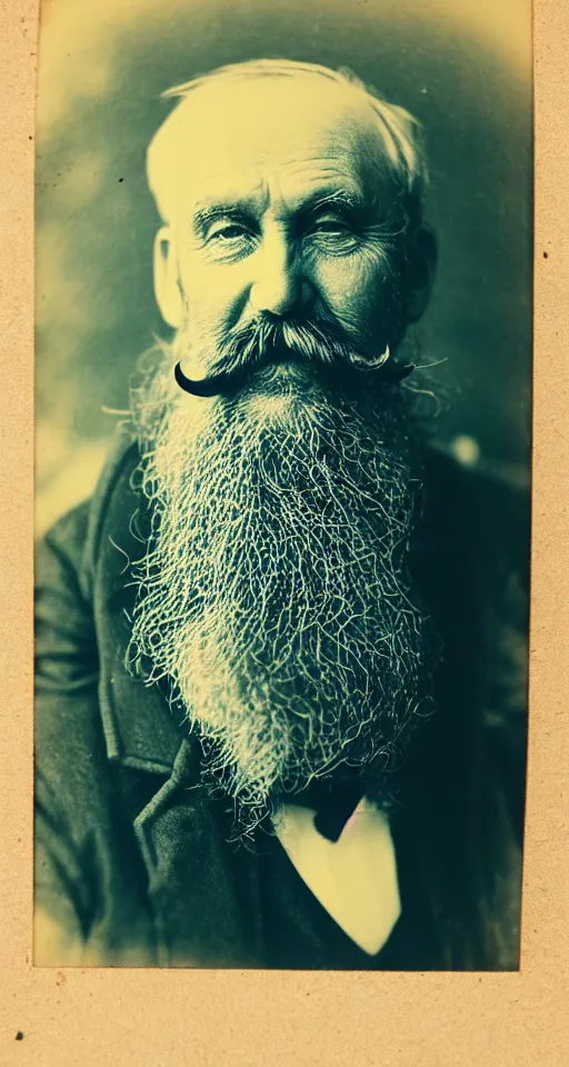 Prompt: a Cyanotype photograph of a grizzled old sea captain with a walrus mustache