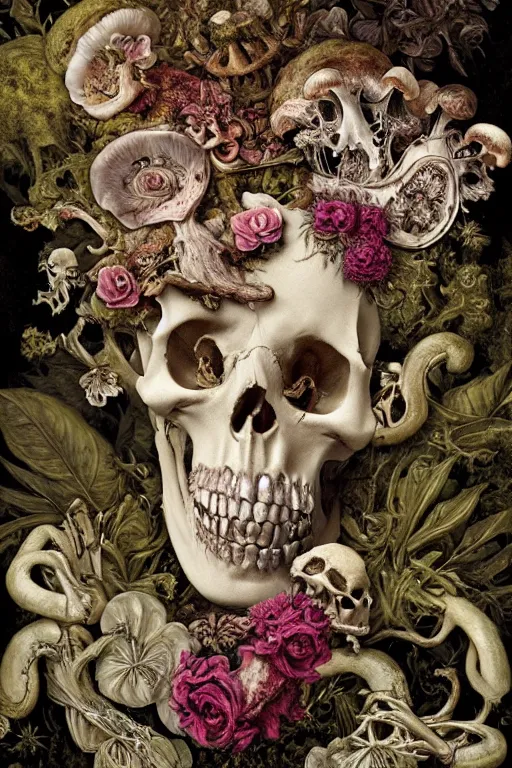 Prompt: a beautiful detailed rococo of a rotten woman corpse becoming almost a skull with face muscles, veins, arteries, fractal plants and fractal flowers and mushrooms growing around, intricate, ornate, surreal, ray caesar, john constable, guy denning, dan hillier