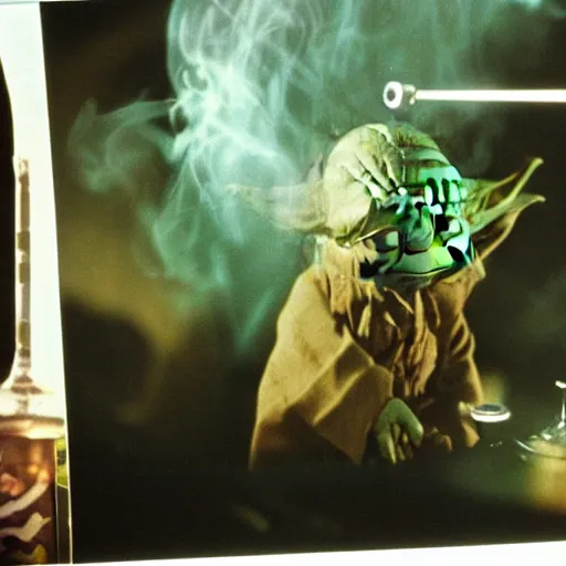 Prompt: 3 5 mm film slide of steven spielberg directed scene of a yoda smoking a bong inside a yoda themed bong and weed shop.