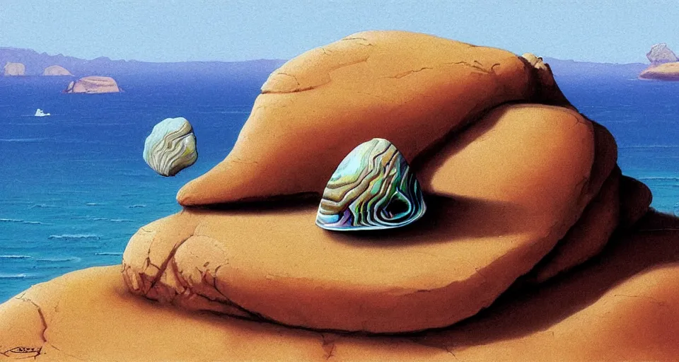 Prompt: oil painting of a tiny abalone seashell house on top of a rock, by roger dean, syd mead, cell, concept art, minimalist, cinematic color scheme