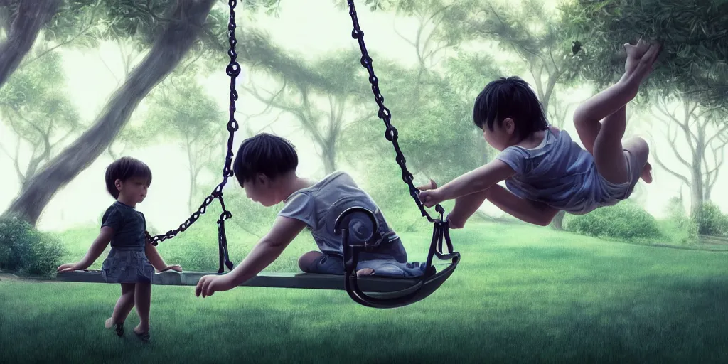 Prompt: hyperrealistic photography of a gentle cyborg pushing an android child on a swing in a cyborg park in the style of Jin Kagetsu, patricia piccinini, James Jean and wlop, highly detailed, masterpiece, award-winning, sharp focus, intricate concept art, ambient lighting, 8k, artstation