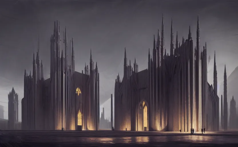 Image similar to exterior shot of utopian brutalist gothic stronghold architecture with cinematic lighting by zaha hadid peter zumthor and renzo piano and, darek zabrocki and greg ruthkowski, simon stalenhag, cinematic, holy place, paradise, scifi, futurism, atmospheric, concept art, artstation, trending on artstation