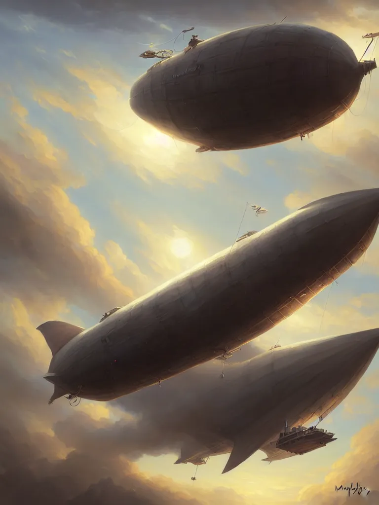 Prompt: a painting of a airship flying in the sky, a detailed matte painting by mandy jurgens, extremely detailed, featured on cgsociety, fantasy art, 2 d game art, matte painting, cryengine