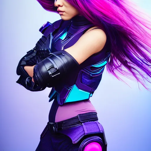 Image similar to a stunning high shutter speed action upper body portrait of a beautiful woman with a ombre purple pink hairstyle with hair flying wearing futuristic navy blue and teal battle bodyarmor and pauldrons by marvel comics, outrun, vaporware, action photography, highly detailed, fine detail, intricate, digital art, trending on artstation