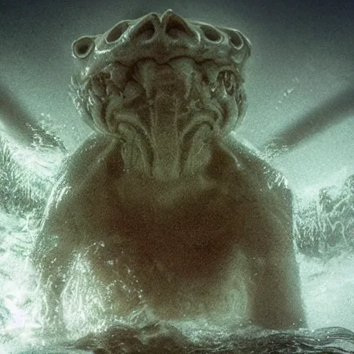 Image similar to sea monster about to eat pov underwater, pale skin, dark yellowish water, foggy water, dark, dramatic,'silent hill ', big eyes, alluring and terrifying, cinematic