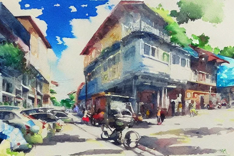 Prompt: !! watercolor!! penang road in a sunny day, artwork by tooth wu, colorful contrast,!!!! very coherent!!!!, dark shadow, thick lineart