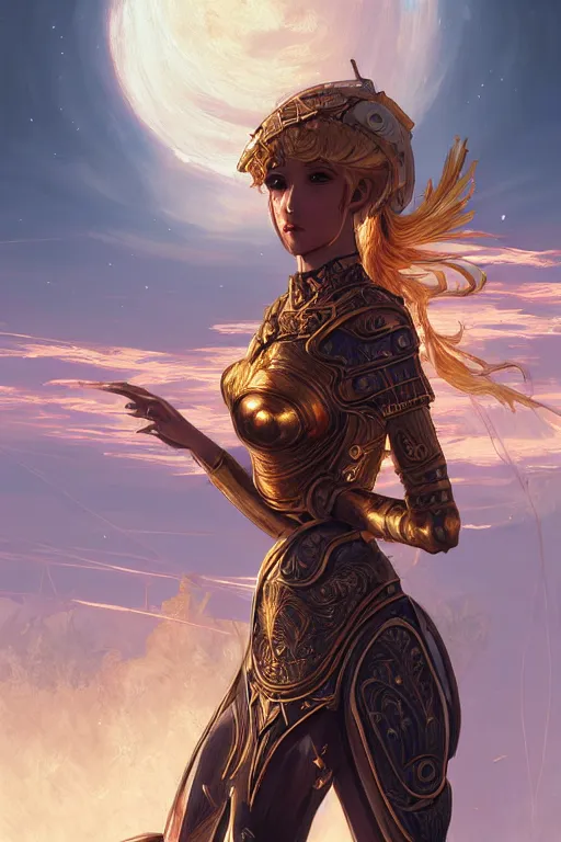 Prompt: portrait knights of zodiac girl, golden and copper shining armor, in ruined agora of athens sunrise, ssci - fi and fantasy, intricate and very very beautiful and elegant, highly detailed, digital painting, artstation, concept art, smooth and sharp focus, illustration, art by tian zi and wlop and z - - ed and ilya kuvshinov
