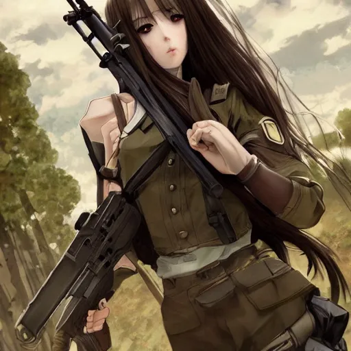 Prompt: soldier girl, anime style, long hair, hair down, symmetrical facial features, girls frontline cg, hyper realistic, pale skin, 4 k, rule of thirds, extreme detail, detailed drawing, trending artstation, hd, heavy gear, d & d, realistic lighting, by alphonse mucha, greg rutkowski, sharp focus, backlit, army