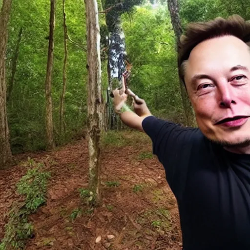 Prompt: elon musk taking a selfie in the forest, extremely detailed