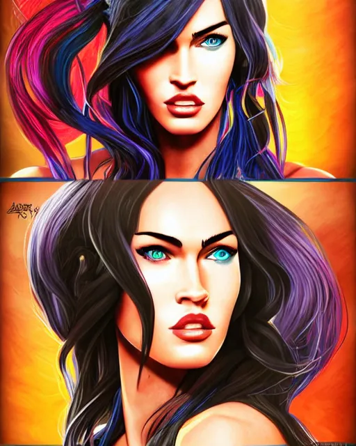 Image similar to portrait of megan fox, beautiful, elegant colorful, inspired by steel ball run manga, artstation trending, deviantart, highly detailed, focus, smooth, illustrated by hirohiko araki