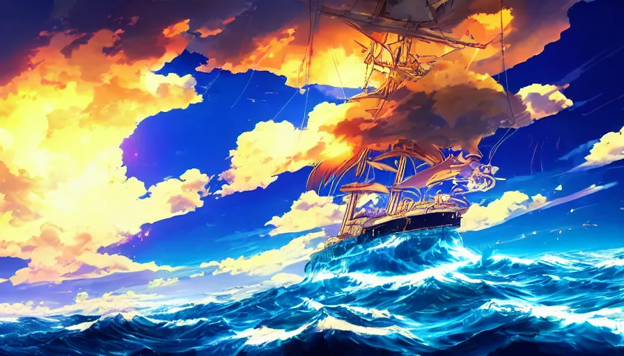 Image similar to thousand sunny from one piece ship sailing, dynamic blue sky, storm sky, sun sunset, with blue light piercing through clouds, makoto shinkai, royal blue colors, lighting refraction, volumetric lighting, pixiv art, highly detailed, anime art, symmetrical, wlop, anime art