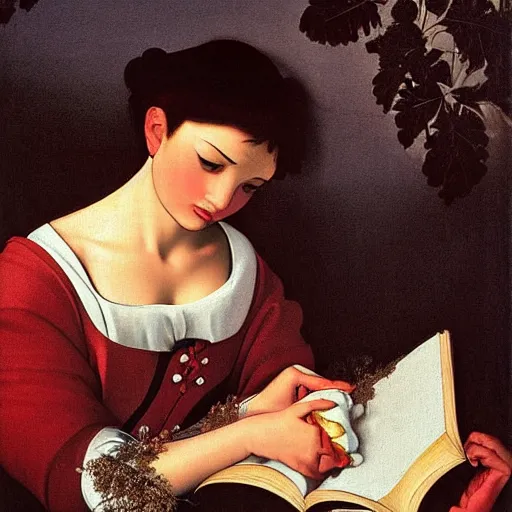 Prompt: Disney Princess reading a book. Painted by Caravaggio, high detail