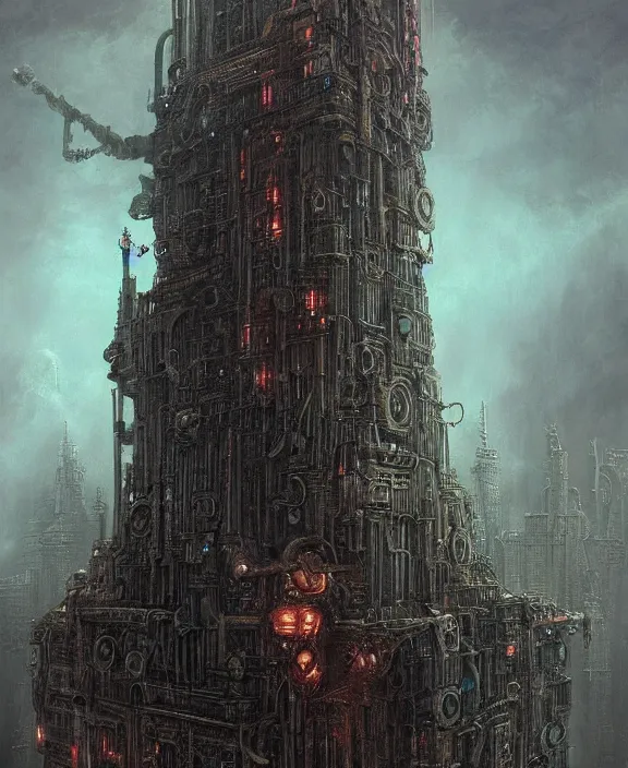 Prompt: a steampunk version of the tower of barad dur by hr giger and beksinski and stephan martiniere, trending on artstation, 4 k resolution, detailed, high quality, hq artwork