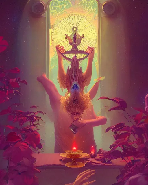 Image similar to highly detailed surreal vfx tarot card of the anima of joy, stephen bliss, unreal engine, greg rutkowski, loish, rhads, beeple, makoto shinkai and lois van baarle, ilya kuvshinov, rossdraws, tom bagshaw, alphonse mucha, global illumination, detailed and intricate environment