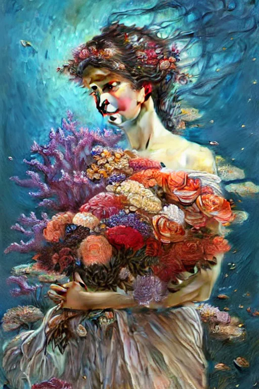 Image similar to portrait of a beautiful mysterious woman holding a bouquet of flowing flowers, hands hidden under the bouquet, underwater filled with coral reef, fantasy, regal, intricate, by stanley artgerm lau, greg rutkowski, thomas kindkade, alphonse mucha, loish, norman rockwell