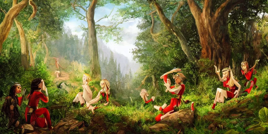 Image similar to painting of elves in a beautiful forest landscape