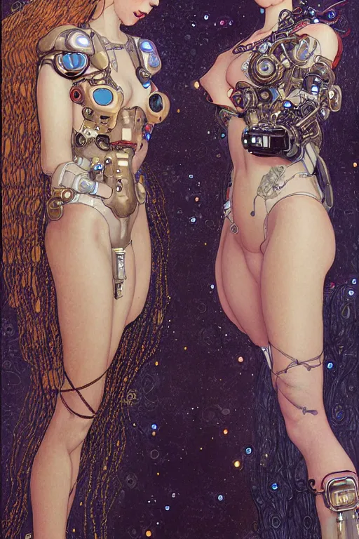 Image similar to two beautiful young cyborg maidens, cyberpunk, kiss, highly detailed, artstation, illustration, art by Gustav Klimt