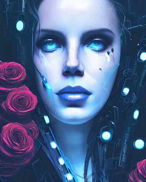 Image similar to portrait of lana del rey as a cyberpunk cyborg. sci - fi intricate abstract. intricate artwork, tear drops, roses, by tooth wu, wlop, beeple, dan mumford. concept art, octane render, trending on artstation, greg rutkowski, asymmetrical, cinematic arthouse, key art, hyper realism, iridescent accents