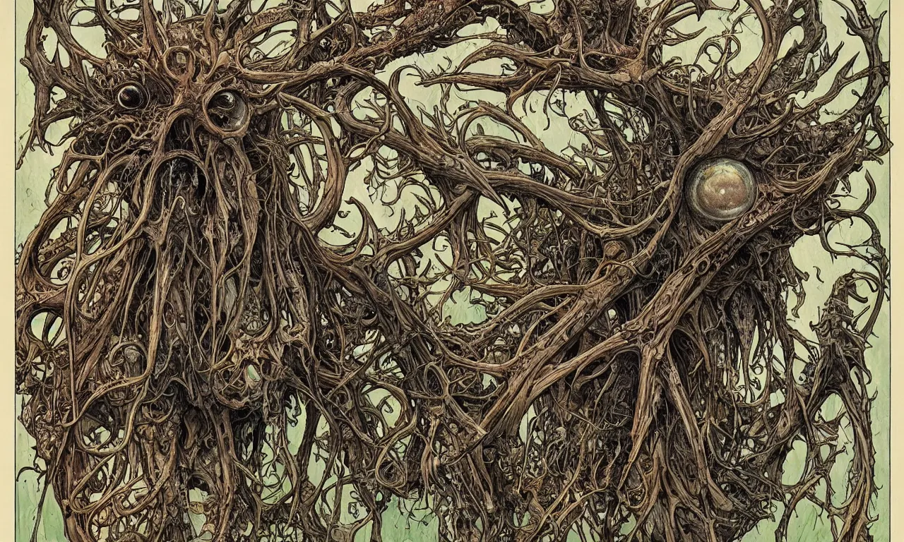 Image similar to hyperdetailed art nouveau portrait of treebeard as a cthulhu eyeball moose skull wendigo cryptid monster, by geof darrow, simon bisley and bill sienkiewicz, grim yet sparkling atmosphere, photorealism, claws, skeleton, antlers, fangs, forest, wild, crazy, horror, lynn varley, lovern kindzierski, steve oliff