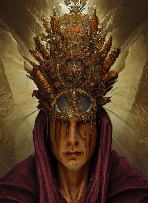 Image similar to slender high priest in a ornate robe, strange headpiece, subsurface scattering, by gerald brom, karol bak, tomasz alen kopera, cgsociety and fenghua zhong, highly detailed, rim light, cinematic lighting, illustration, art, octane render, very coherent, cinematic, hyper realism, high detail, octane render, 8 k